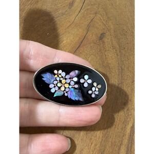 Vintage Mother of Pearl Abalone Inlay Floral Brooch Black Enamel Oval Pin